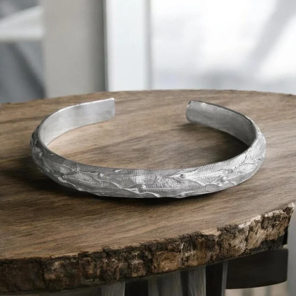 Brushed Sterling Silver Reptilian Skin Wide Cuff Bangle Bracelet